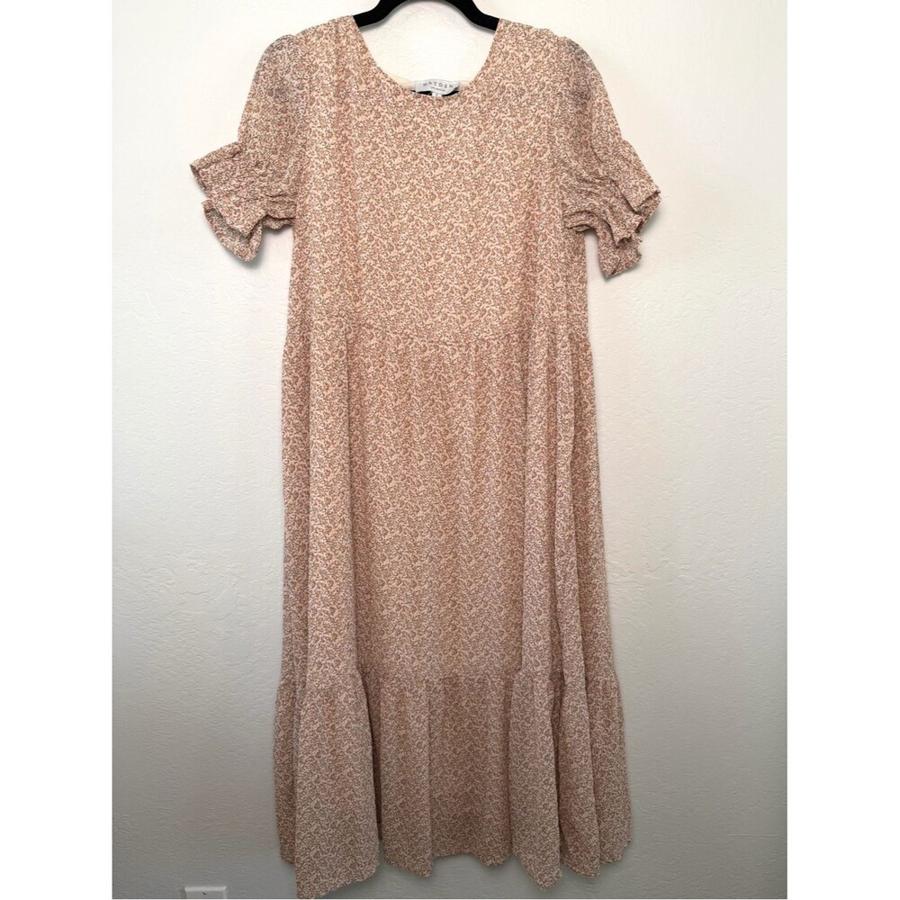 Hayden Cream Ditsy Floral Midi Dress Tiered Ruffle Sleeve Prairie S